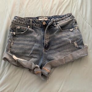 Bayeas Medium Blue Rolled Cuff Distressed Denim Shorts